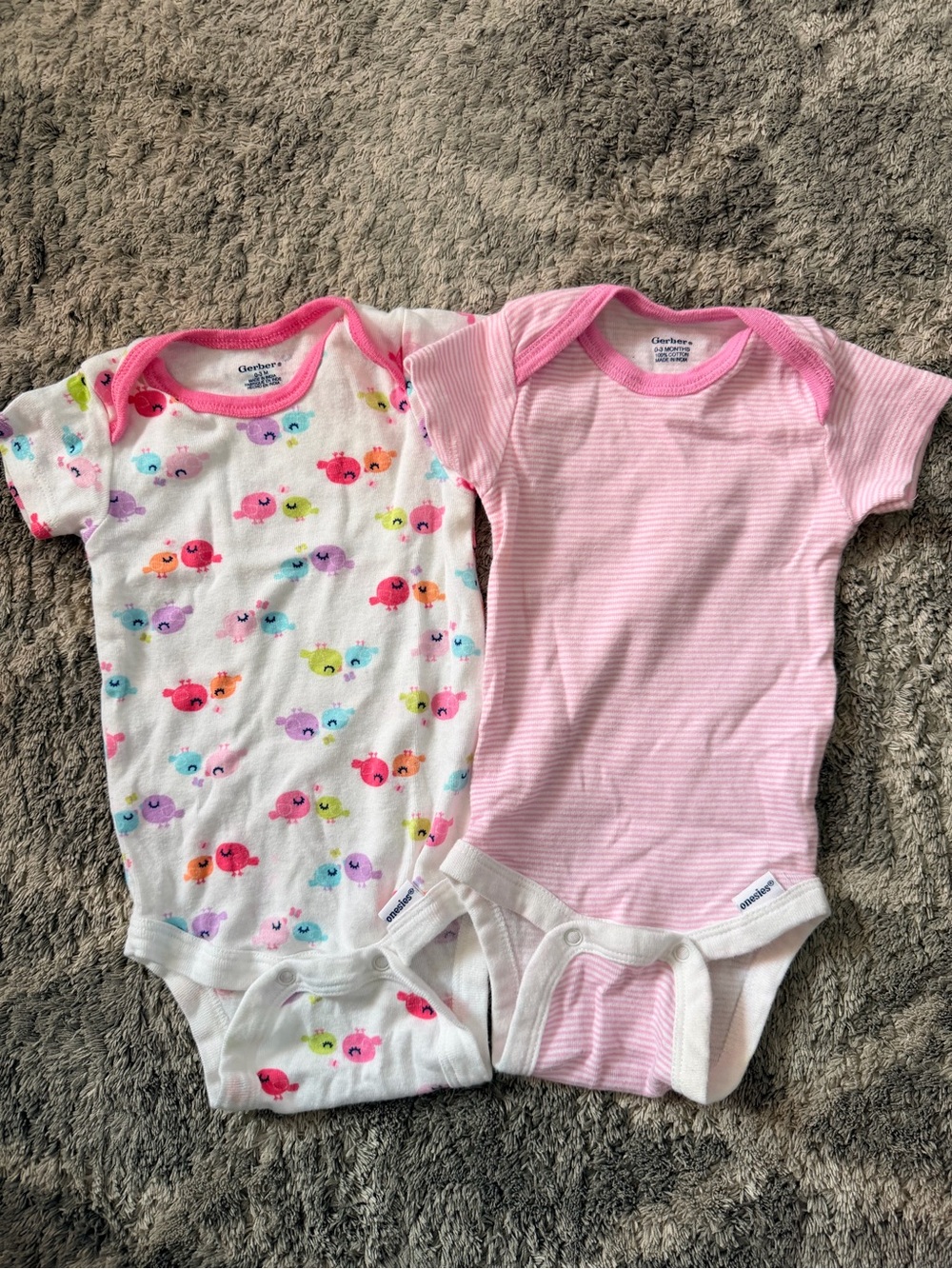 Gerber Pink Stripe & Multicolor Bird Print Short-Sleeve Onesies (2-Pack)